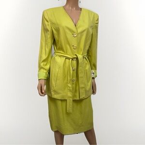 Dana Buchman Lime Green 100% Silk Button-Up Blazer & Skirt Set Belted Sz 12 NWT